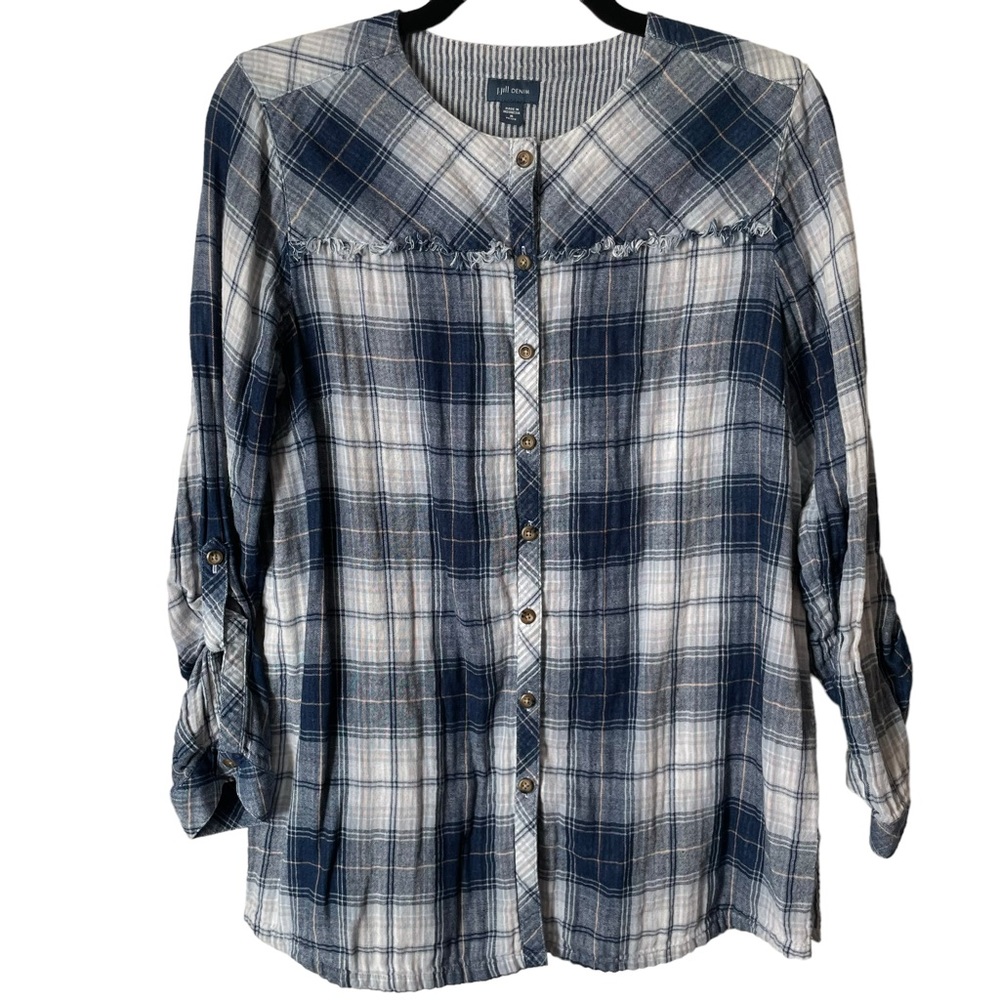 J. Jill Denim Women’s 100% Cotton Plaid Fringe Button Up Blouse, Size MP, EUC!